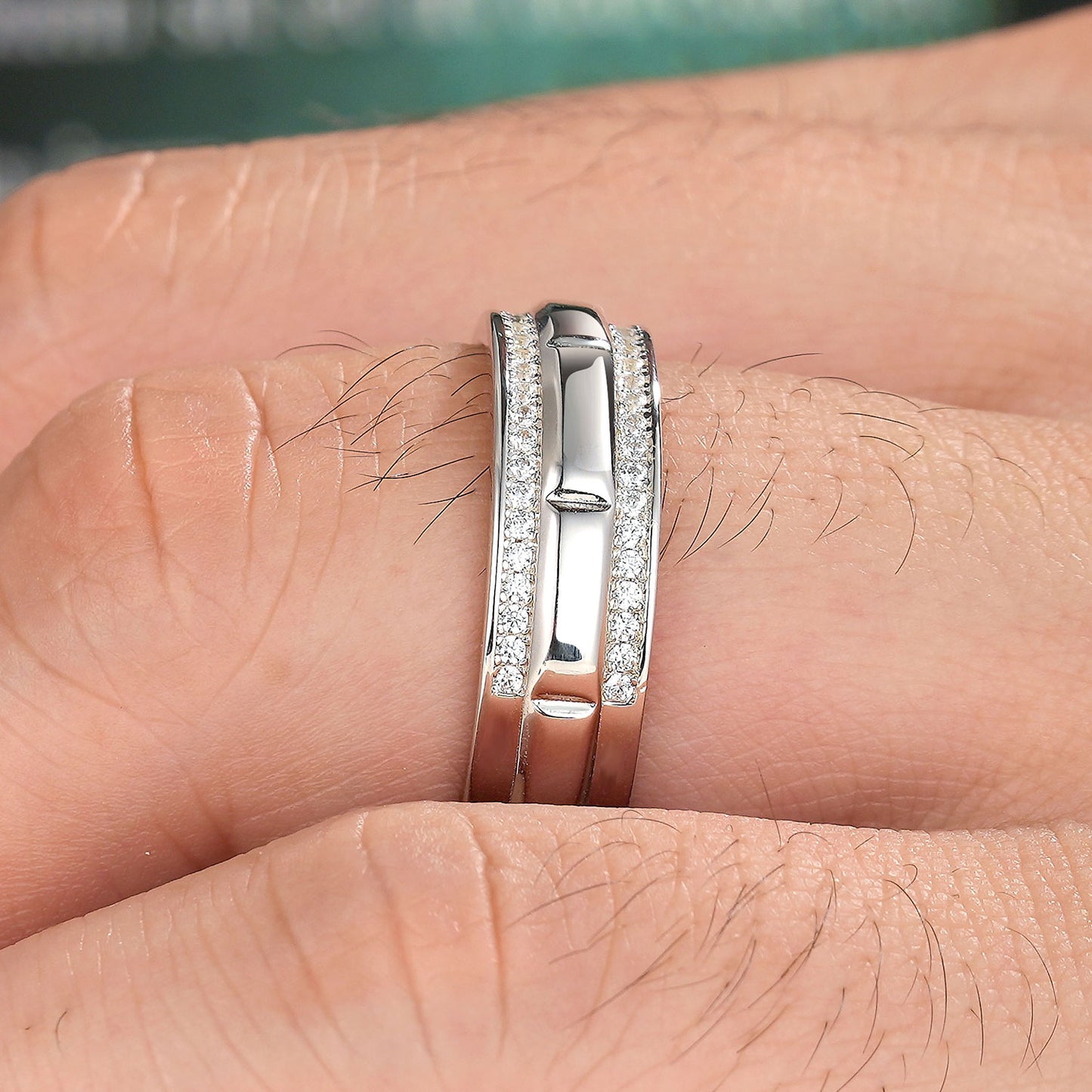 Newshe Mens Wedding Ring Band 925 Sterling Silver With Double Row Round Cut Cubic Zirconia Promise Ring For Him Size 5-10