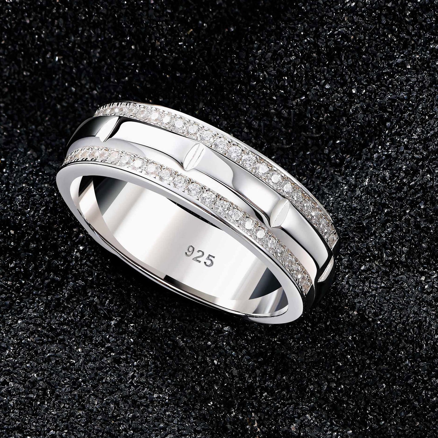 Newshe Mens Wedding Ring Band 925 Sterling Silver With Double Row Round Cut Cubic Zirconia Promise Ring For Him Size 5-10