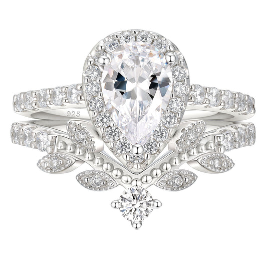 Newshe Wedding Ring Set for Women Vintage 925 Sterling Silver Pear Shaped Cz Bridal Set Size 5-10