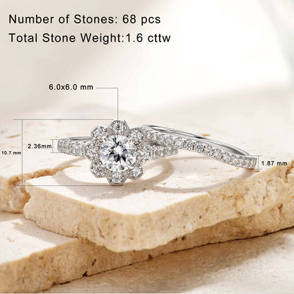 Newshe Engagement Wedding Rings for Women Flower Halo Ring Set 1.6 Ct 925 Sterling Silver 5A Cz Size 5-10