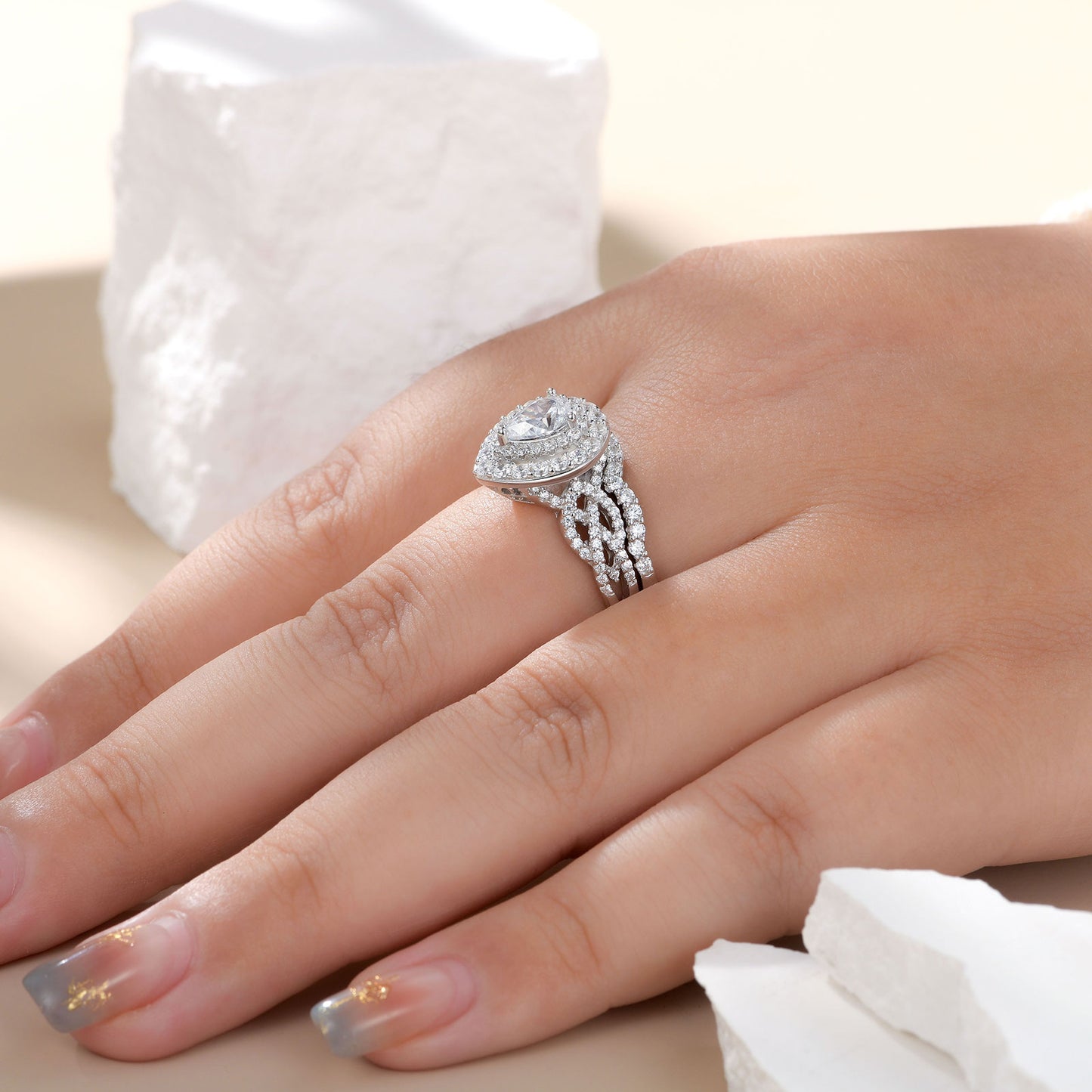 Newshe Jewellery Wedding Rings for Women AAAAA Cz 925 Sterling Silver Promise Rings for Her Pear Bridal Set