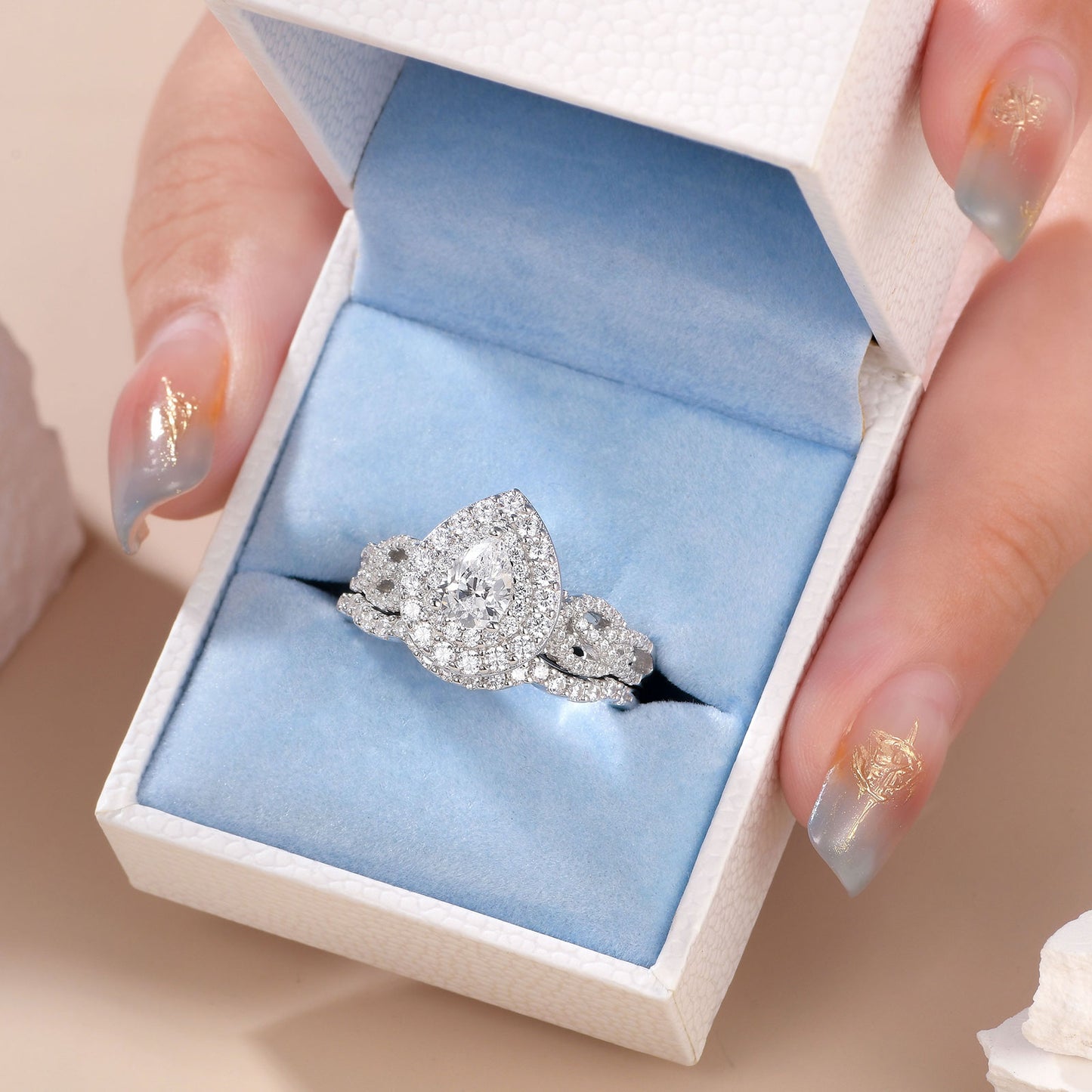 Newshe Jewellery Wedding Rings for Women AAAAA Cz 925 Sterling Silver Promise Rings for Her Pear Bridal Set