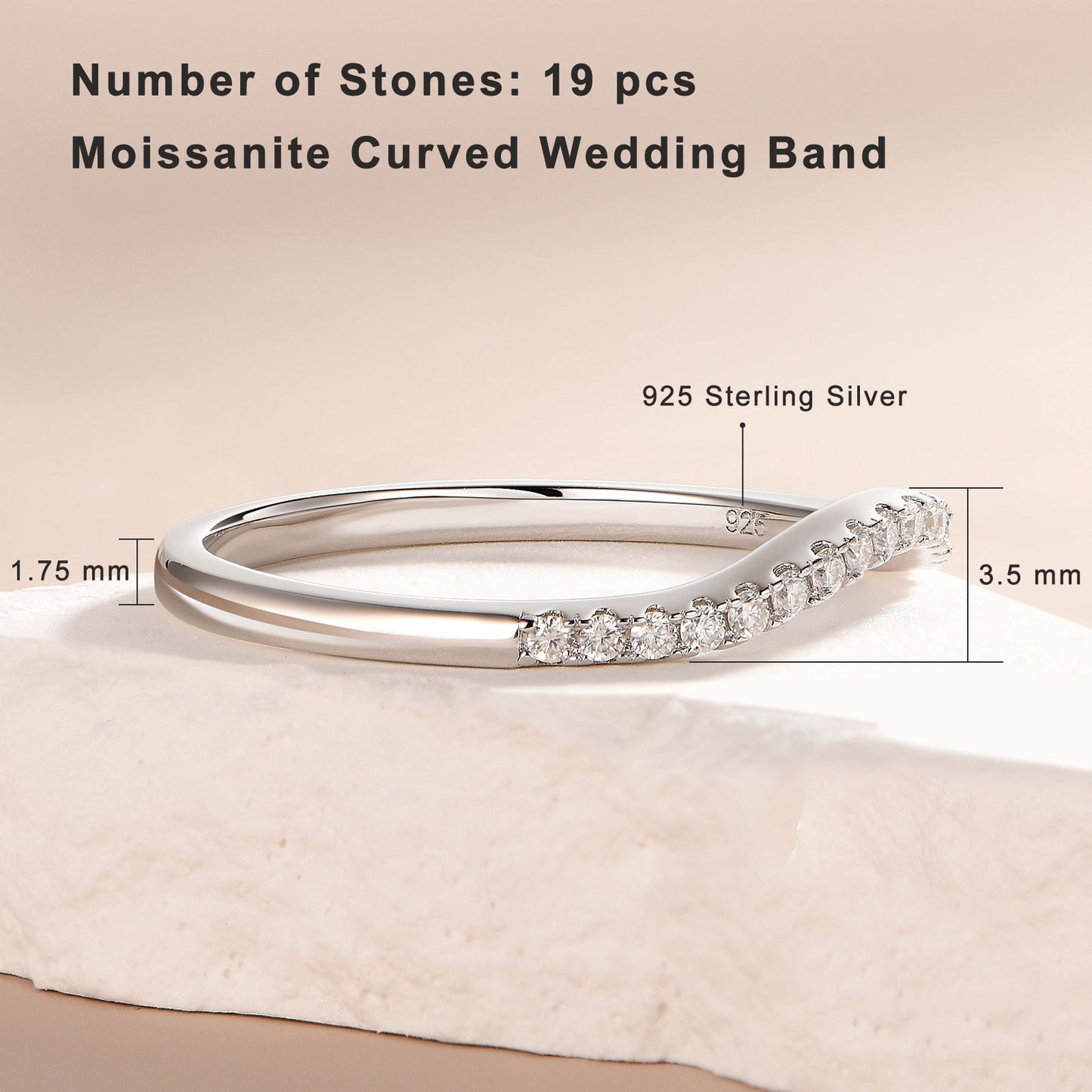 Newshe Jewellery Moissanite Curved Wedding Bands for Her Stacking Eternity Rings 925 Sterling Silver Wishbone Size 5-10