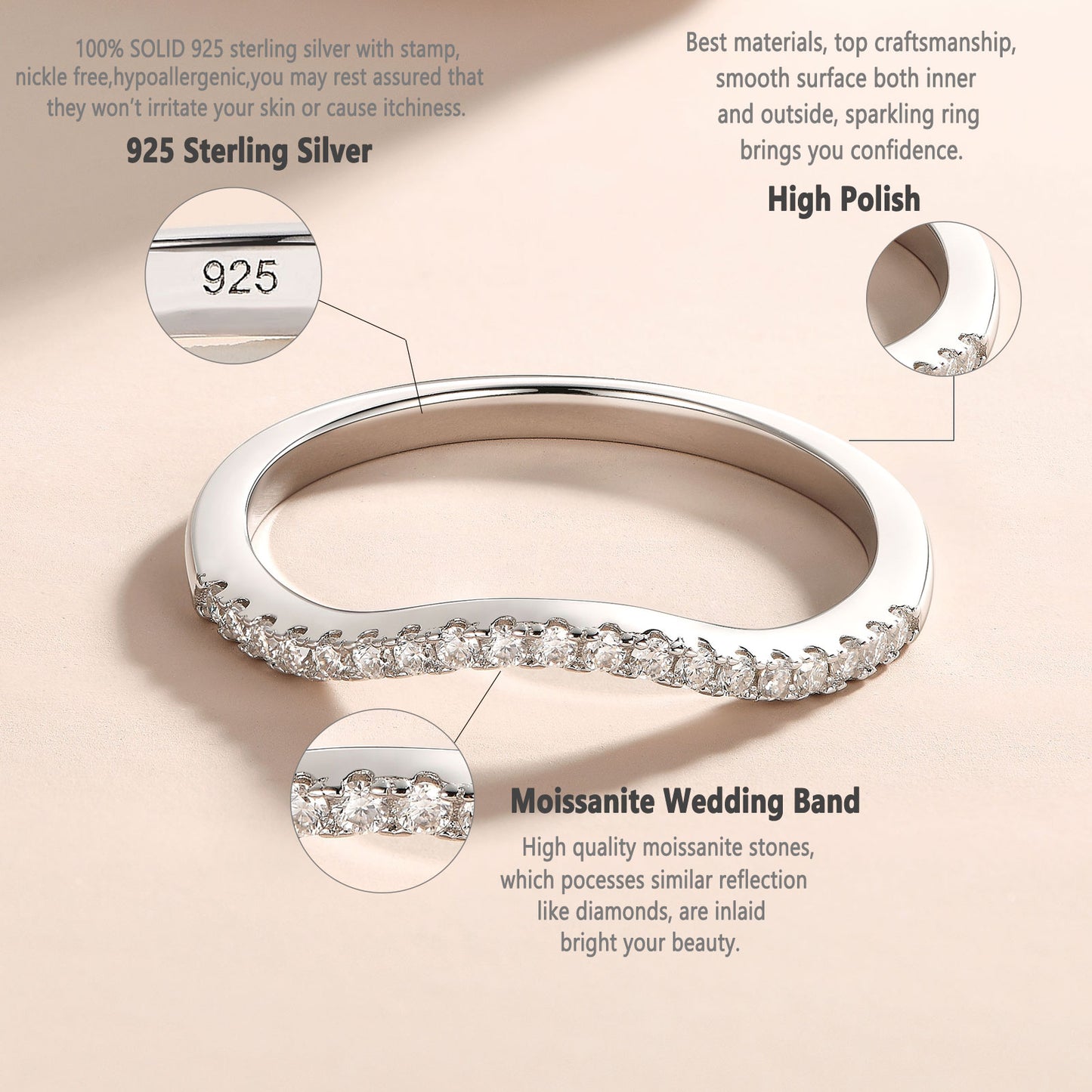 Newshe Jewellery Moissanite Curved Wedding Bands for Her Stacking Eternity Rings 925 Sterling Silver Wishbone Size 5-10