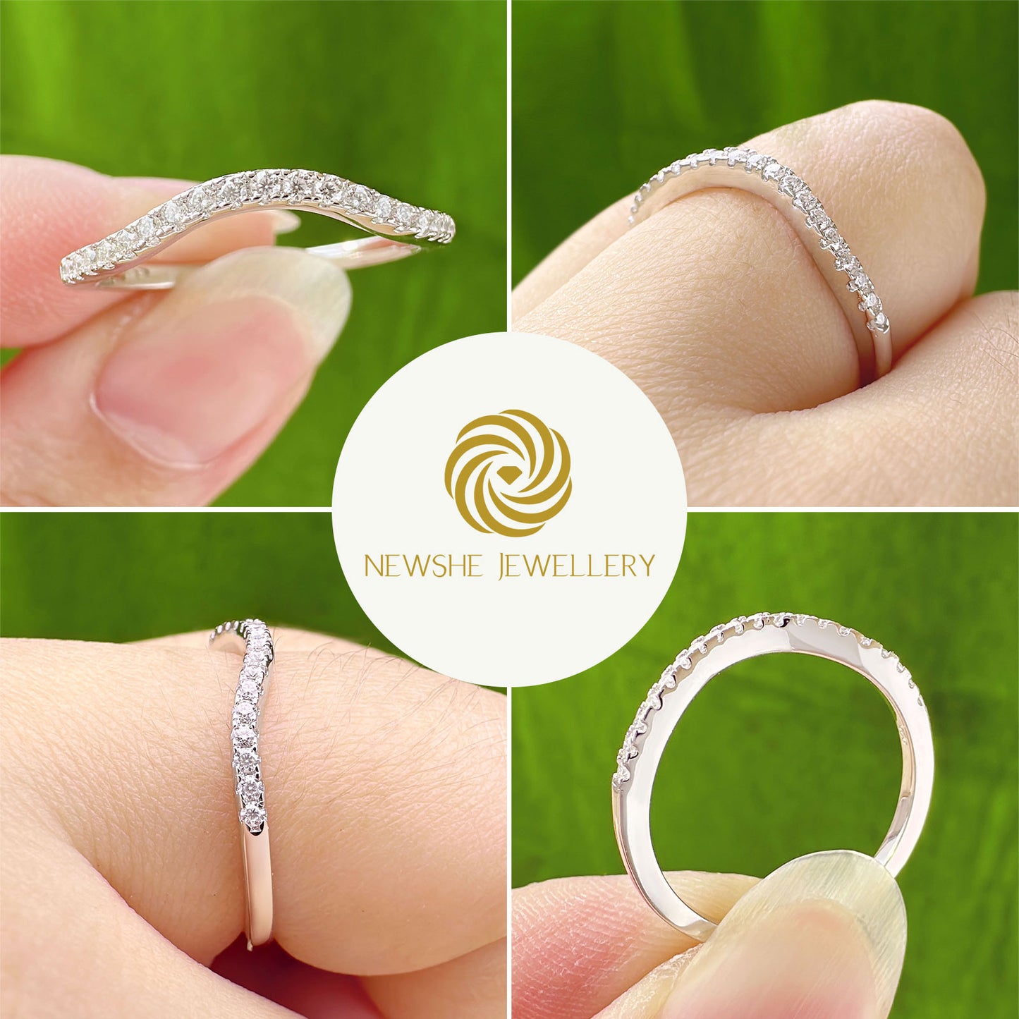 Newshe Jewellery Moissanite Curved Wedding Bands for Her Stacking Eternity Rings 925 Sterling Silver Wishbone Size 5-10