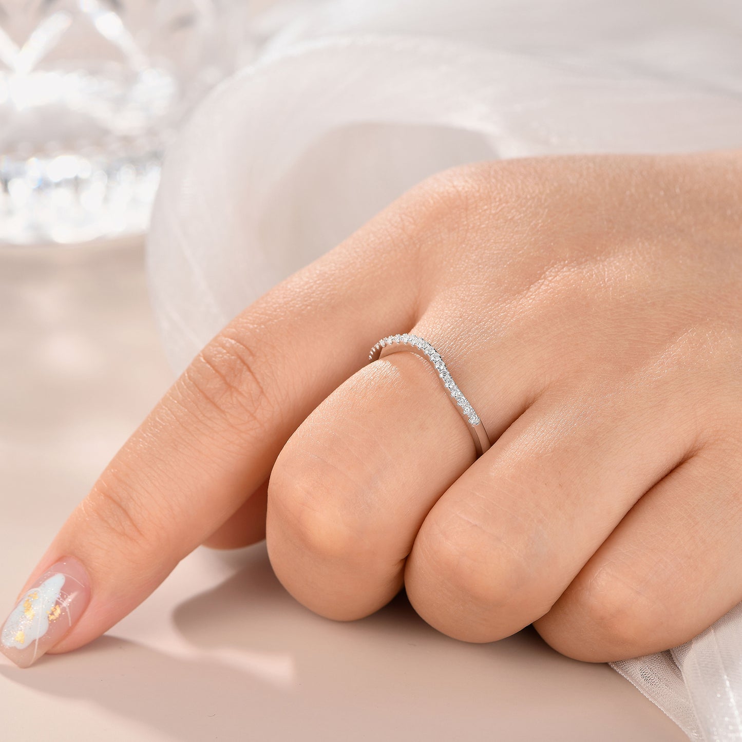 Newshe Jewellery Moissanite Curved Wedding Bands for Her Stacking Eternity Rings 925 Sterling Silver Wishbone Size 5-10