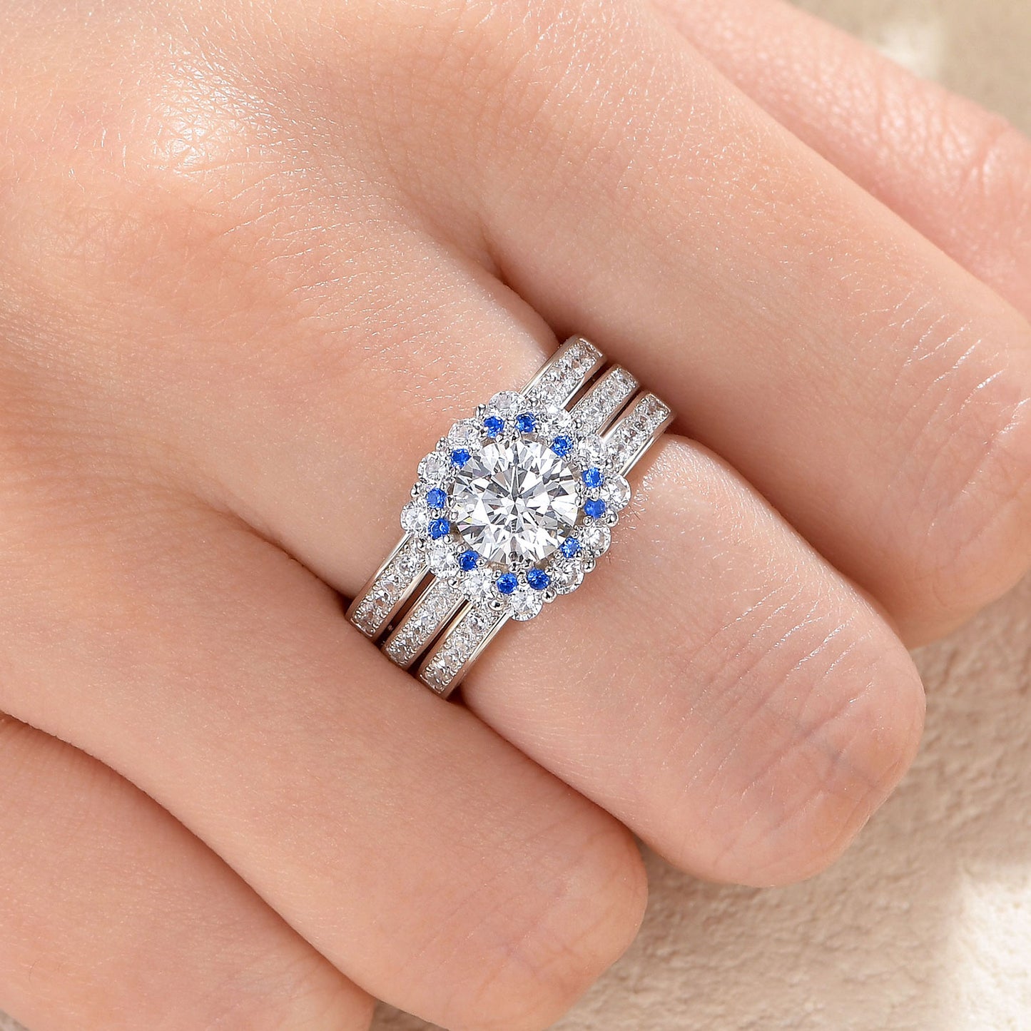 Newshe Jewellery Engagement Wedding Ring Set 925 Sterling Silver Ring Enhancer Round Blue Sapphire Gemstone Size 5-10