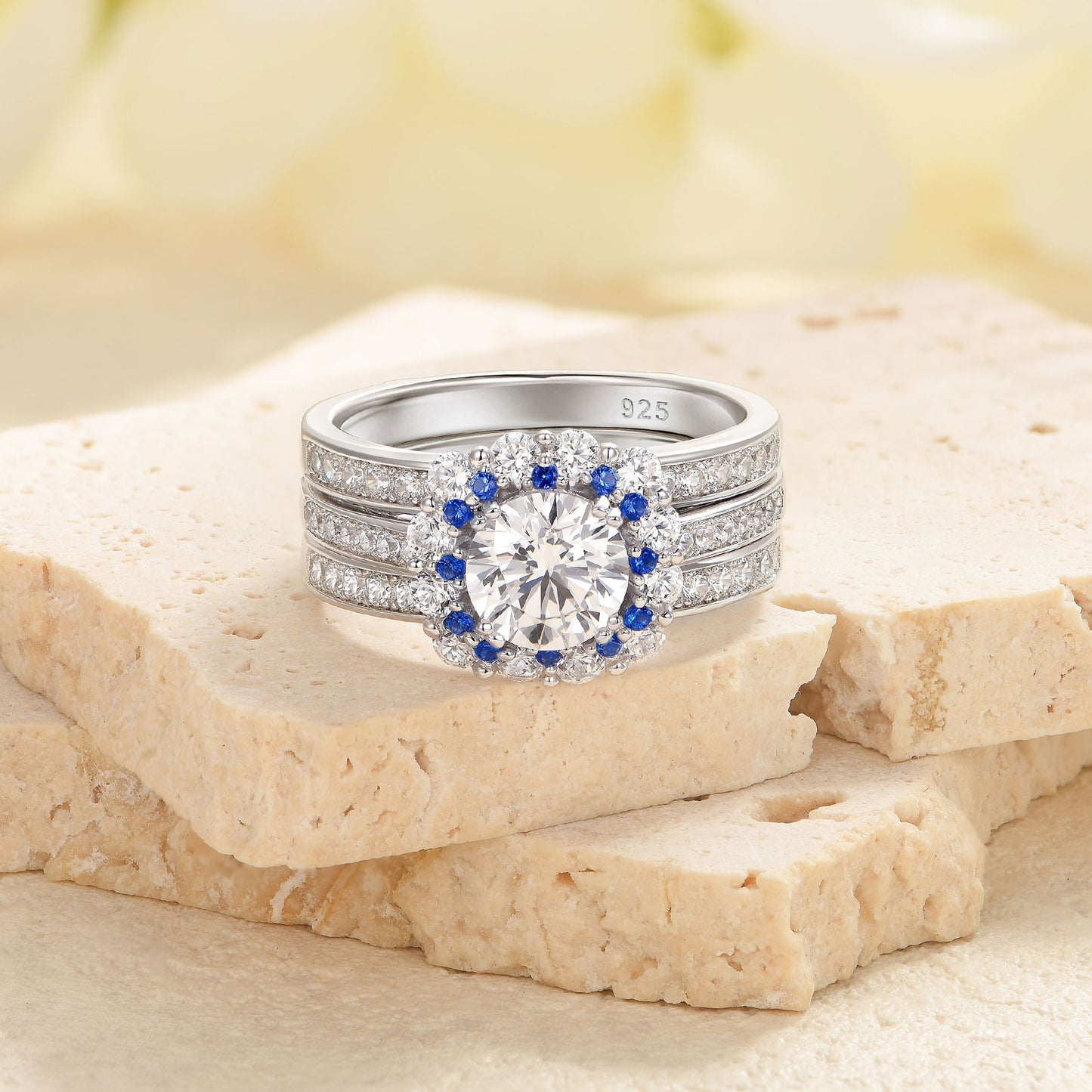 Newshe Jewellery Engagement Wedding Ring Set 925 Sterling Silver Ring Enhancer Round Blue Sapphire Gemstone Size 5-10