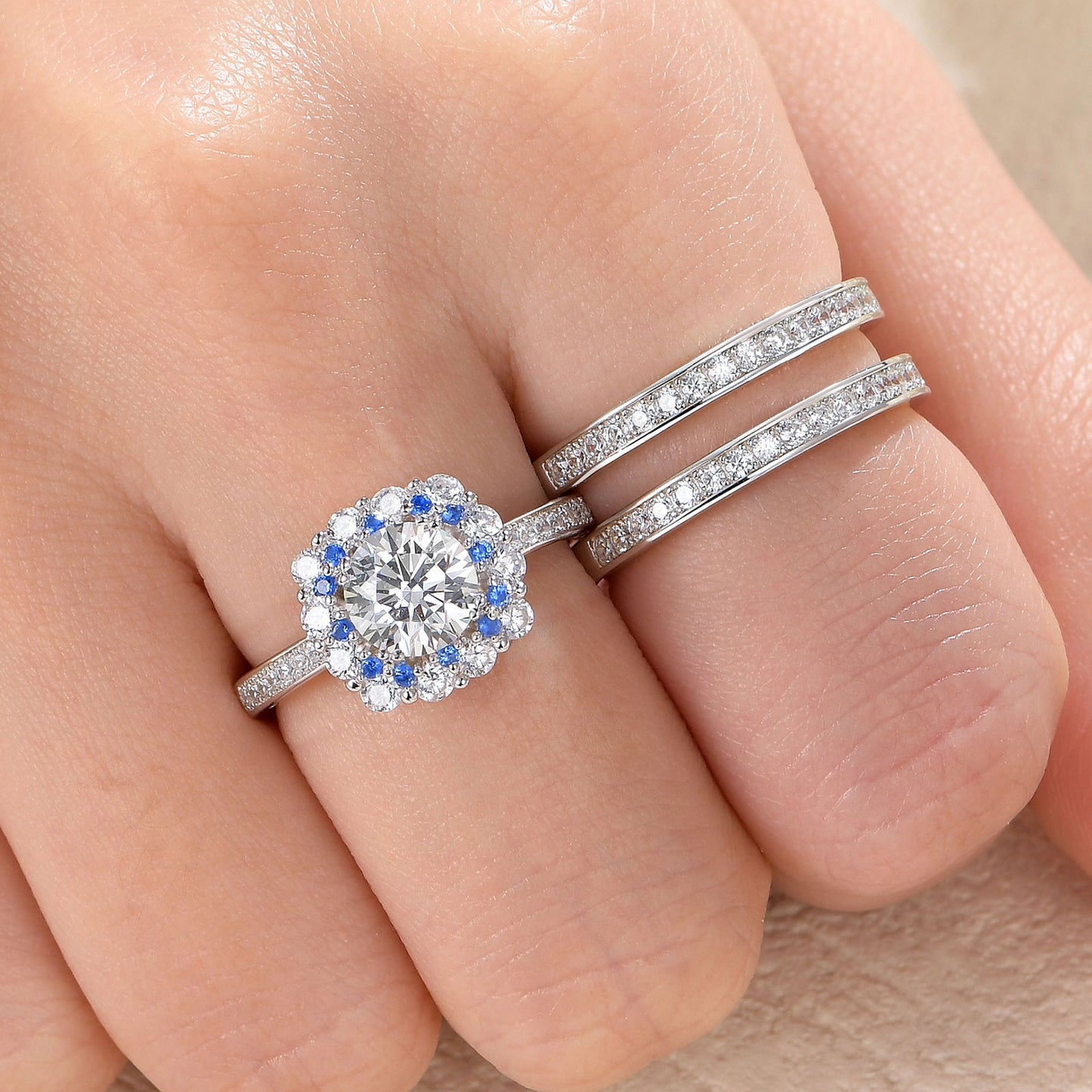 Newshe Jewellery Engagement Wedding Ring Set 925 Sterling Silver Ring Enhancer Round Blue Sapphire Gemstone Size 5-10