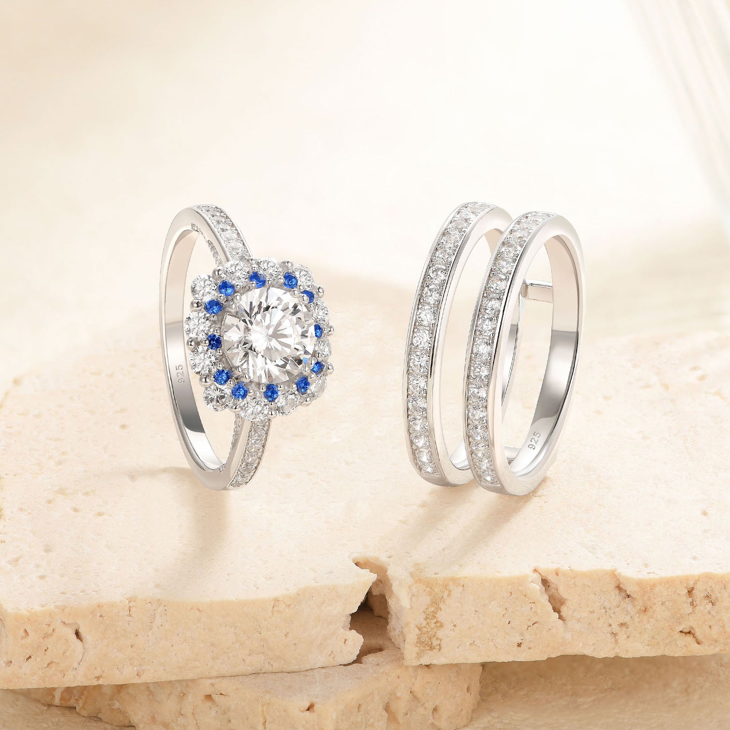 Newshe Jewellery Engagement Wedding Ring Set 925 Sterling Silver Ring Enhancer Round Blue Sapphire Gemstone Size 5-10
