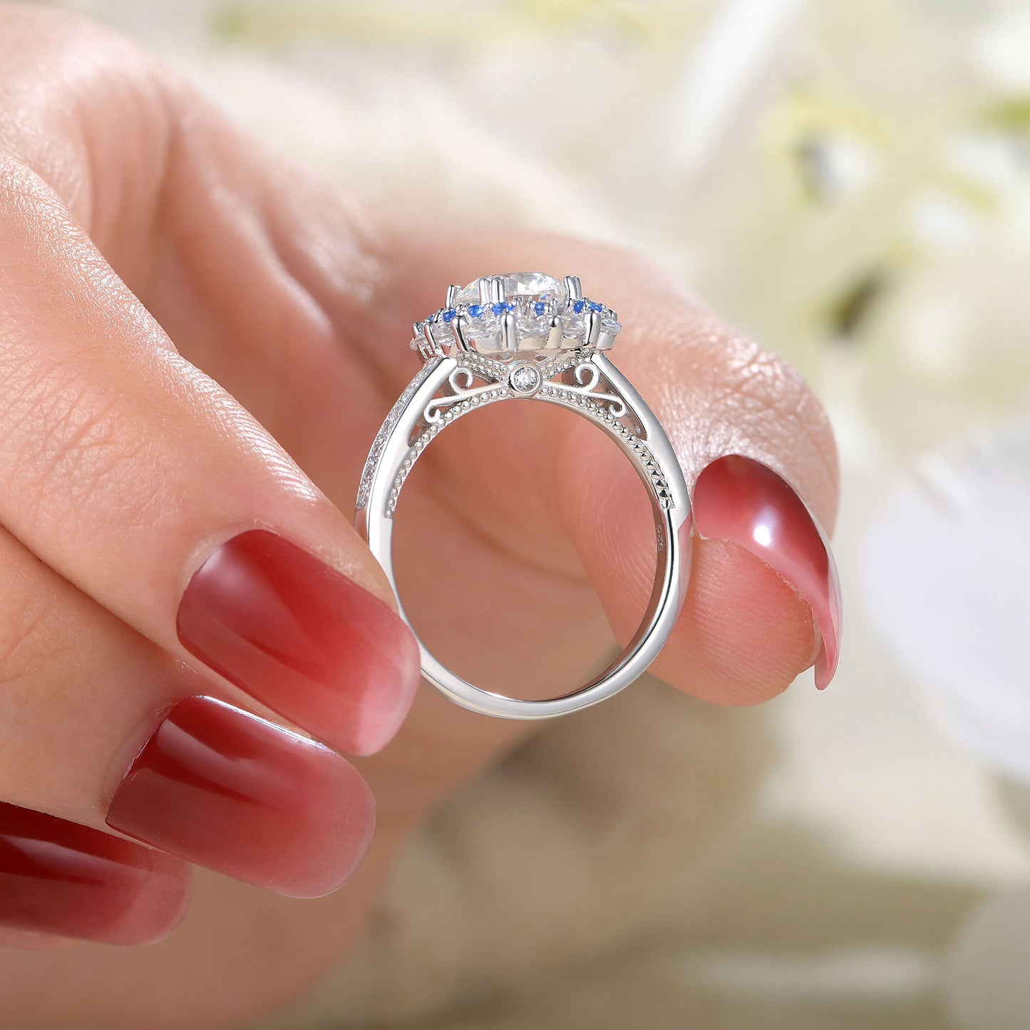 Newshe Jewellery Engagement Wedding Ring Set 925 Sterling Silver Ring Enhancer Round Blue Sapphire Gemstone Size 5-10