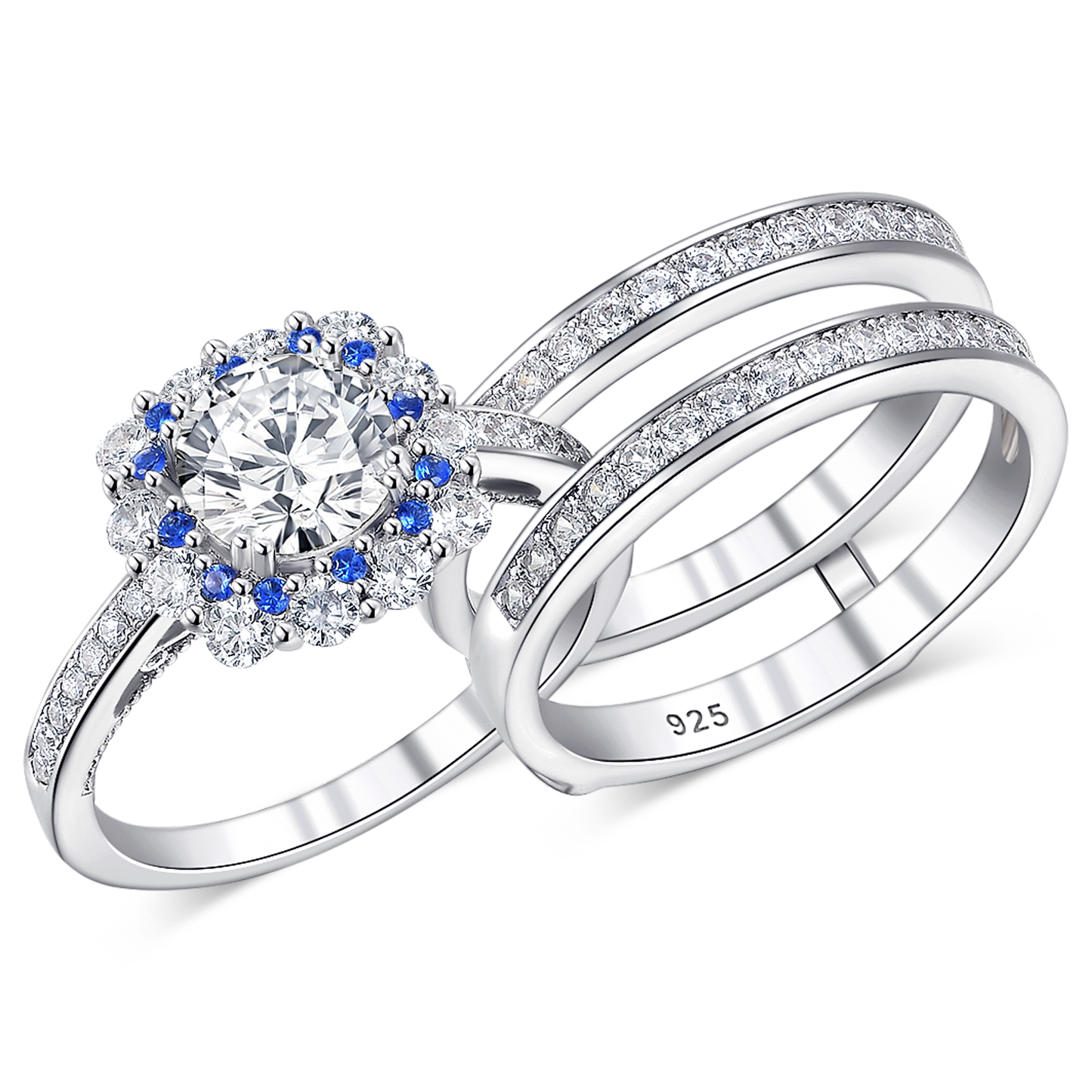 Newshe Jewellery Engagement Wedding Ring Set 925 Sterling Silver Ring Enhancer Round Blue Sapphire Gemstone Size 5-10