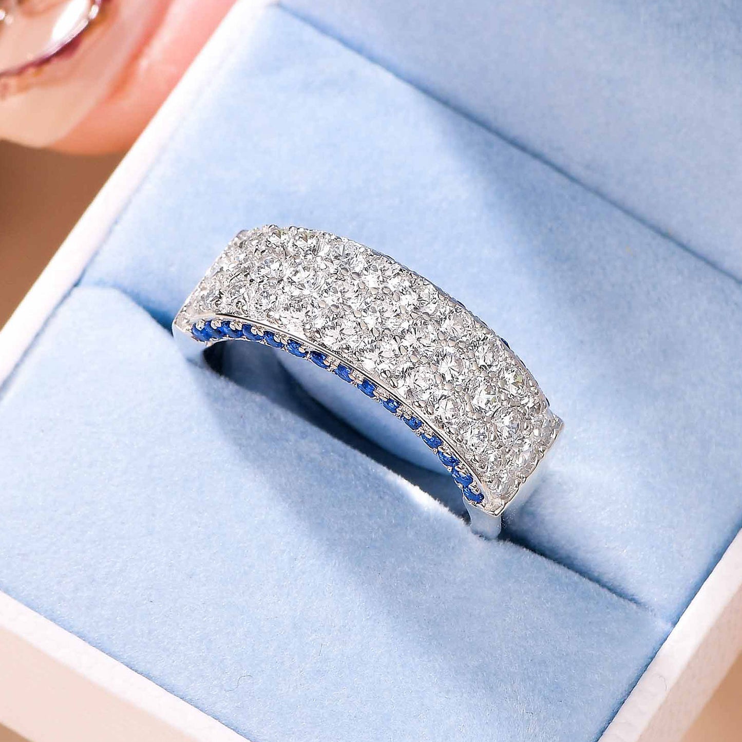 Newshe Jewellery Wide Wedding Bands for Women 5A Cz Engagement Ring for Her Sterling Silver Eternity Blue Sapphire Round Size 5-10