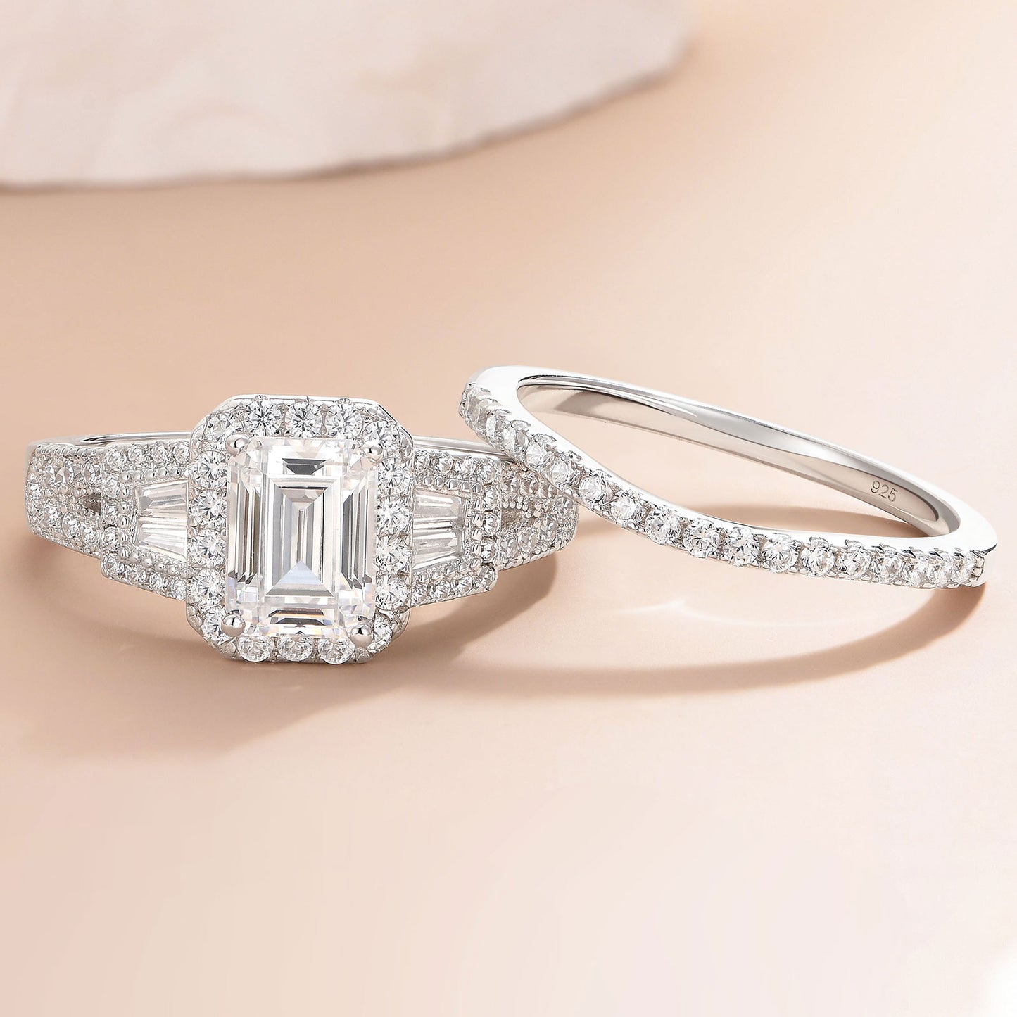 Newshe Jewellery Wedding Rings for Her AAAAA Cz Women's Bridal Sets 925 Sterling Silver Emerald Cut Engagement Ring