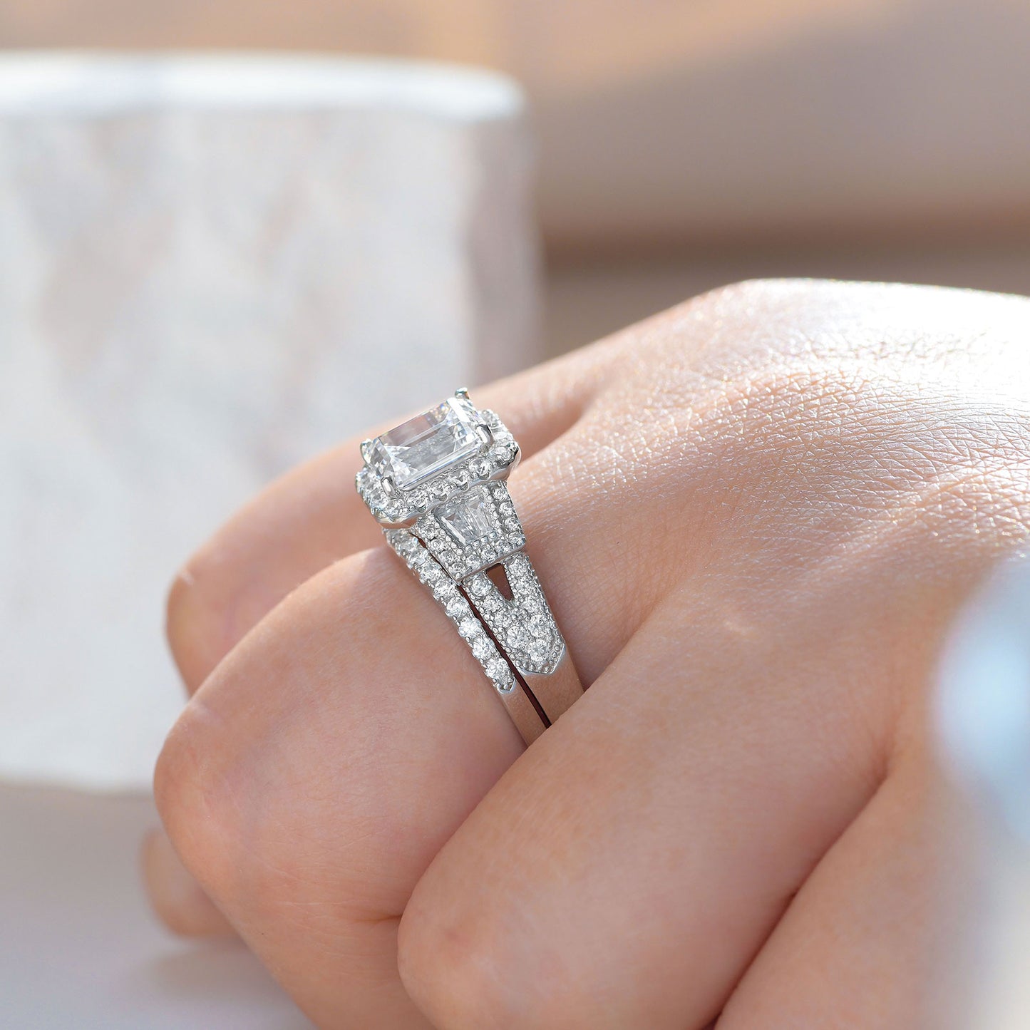 Newshe Jewellery Wedding Rings for Her AAAAA Cz Women's Bridal Sets 925 Sterling Silver Emerald Cut Engagement Ring