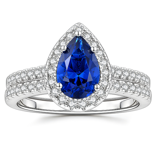 Newshe 2Ct Blue Sapphire Pear Cut Wedding Ring Set for Women Halo Teardrop Bridal Set Cubic Zirconia