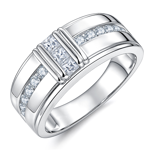 Newshe Jewellery Moissanite Men Rings D Color VVS1 Princess Round Cross Wedding Bands for Men White Gold Plated