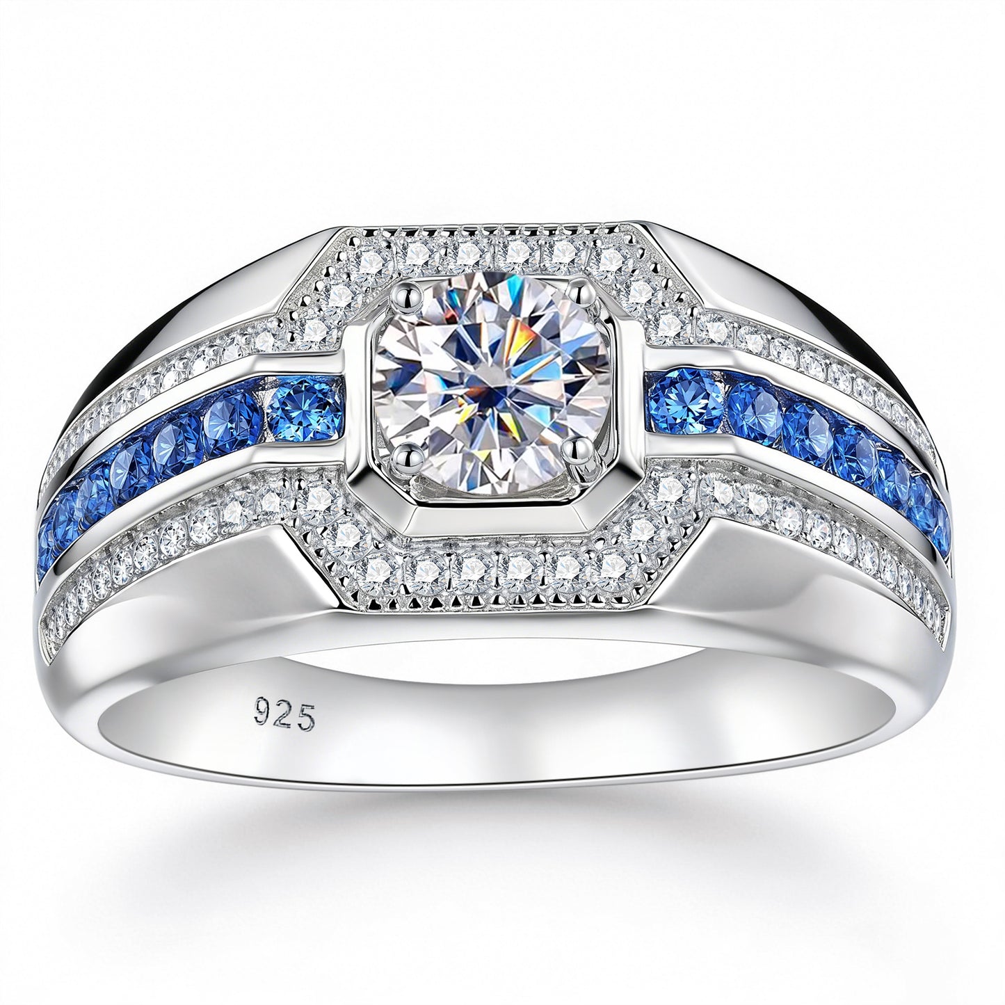 Newshe Jewellery D Color VVS1 Moissanite Men Rings 925 Sterling Silver Wedding Bands for Man Round Blue Sapphire Size 8-13