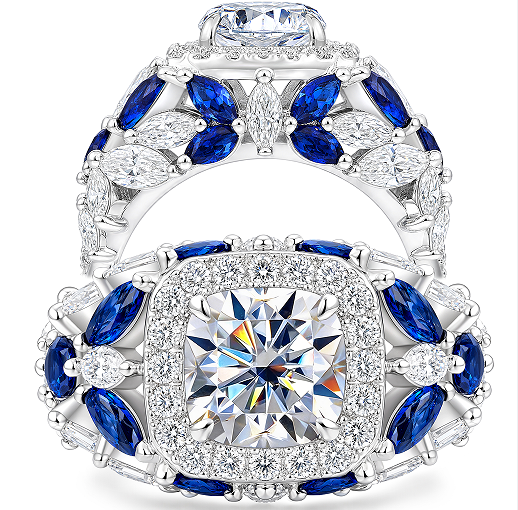 Newshe 6 CT Moissanite Halo Princess Engagement Wedding Rings for Women Blue Sapphire Marquise Promise