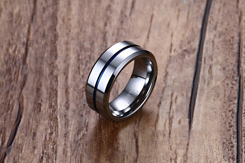Newshe Jewellery Tungsten Rings for Men Mens Wedding Bands for Him Groove Ring Carbide Blue Line 8mm Engagement Promise