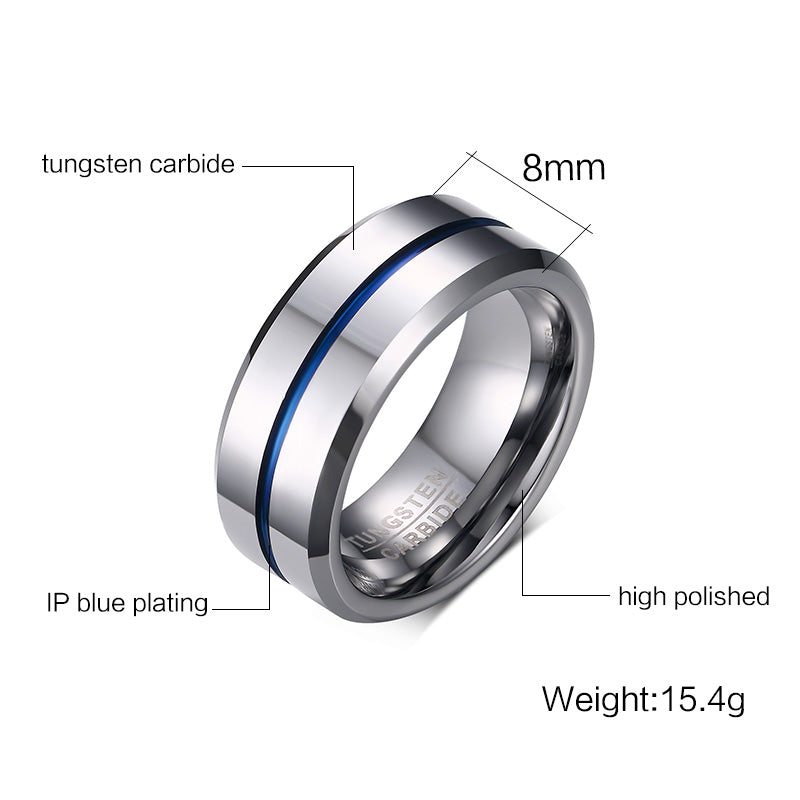Newshe Jewellery Tungsten Rings for Men Mens Wedding Bands for Him Groove Ring Carbide Blue Line 8mm Engagement Promise Size 7-13