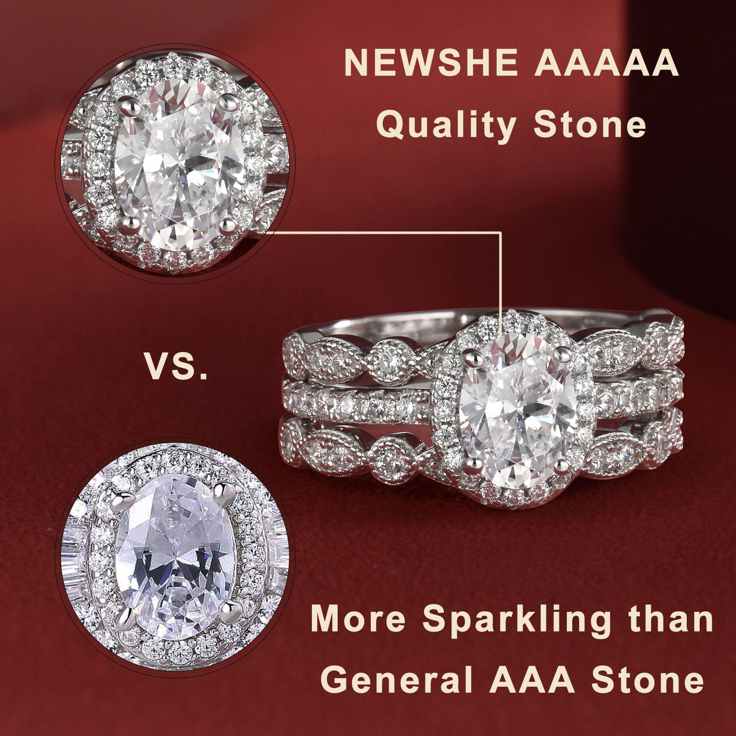 Newshe Jewellery Engagement Sets Wedding Rings for Women 925 Sterling Silver 3pcs White AAAAA Cz Size 4-13