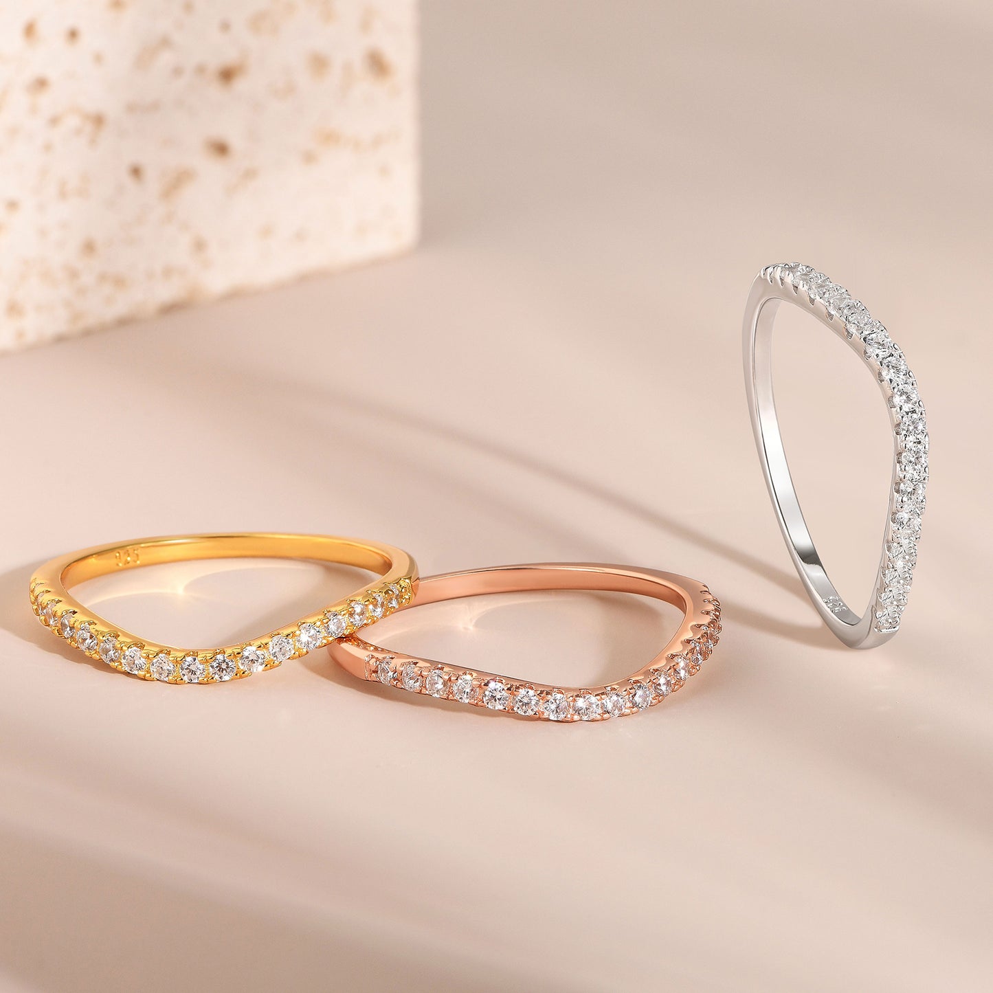 Newshe Curved Wedding Bands for Women Stacking Sterling Silver Eternity Rings Cz Wishbone Size 3-13