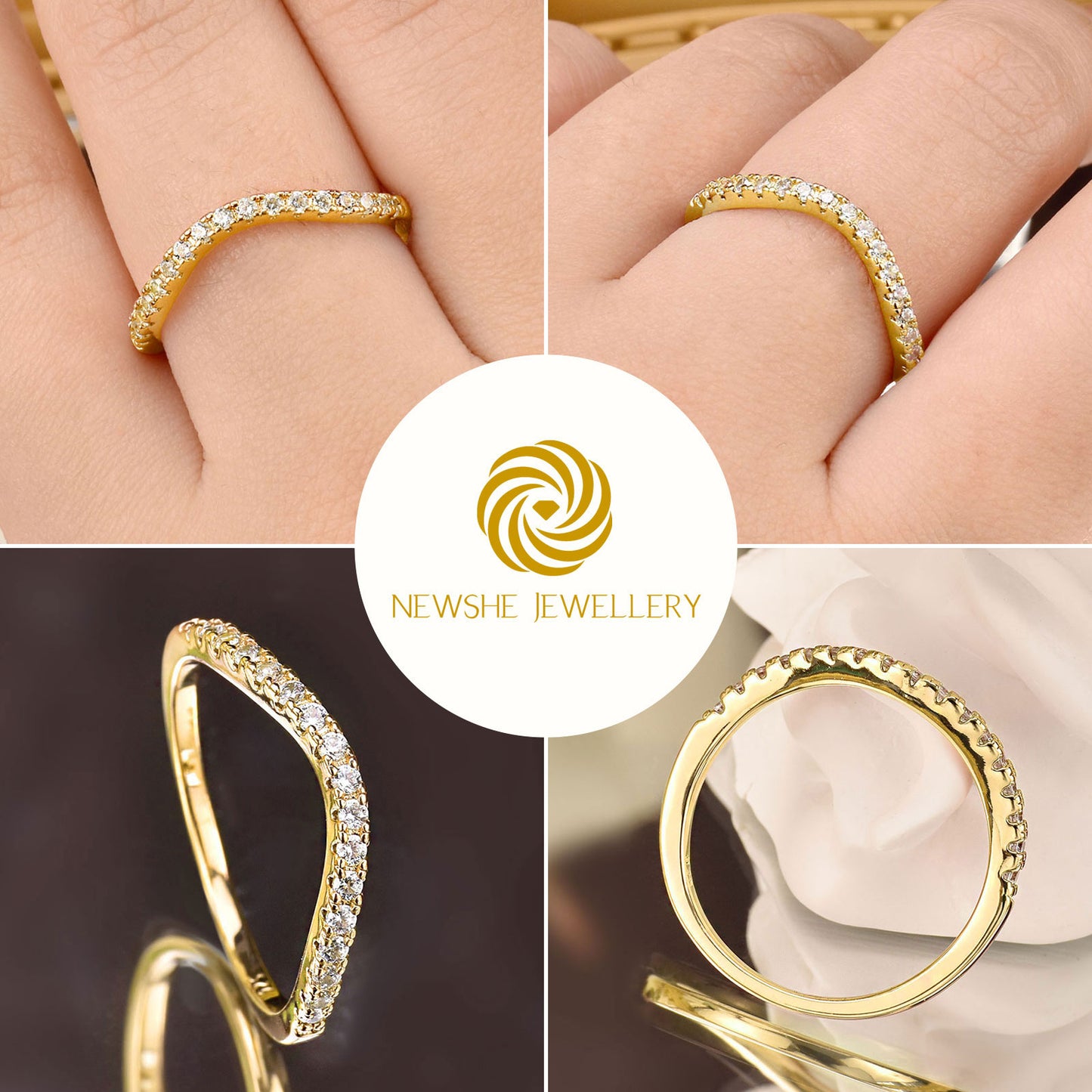 Newshe Curved Wedding Bands for Women Stacking Sterling Silver Eternity Rings Cz Wishbone Yellow Gold Size 5-10