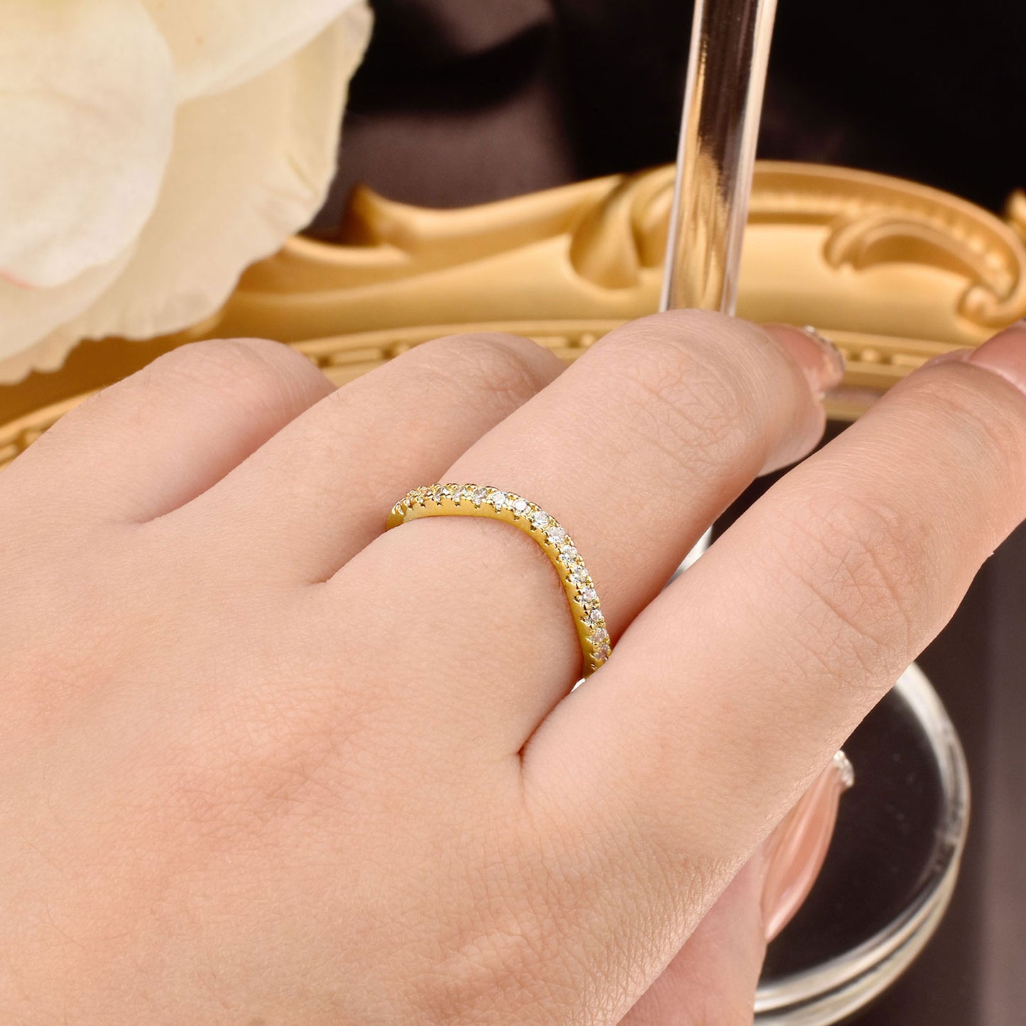 Newshe Curved Wedding Bands for Women Stacking Sterling Silver Eternity Rings Cz Wishbone Yellow Gold Size 5-10
