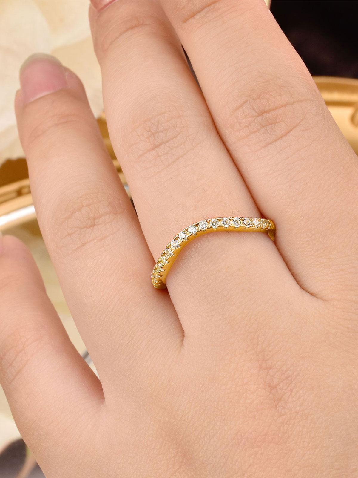 Newshe Curved Wedding Bands for Women Stacking Sterling Silver Eternity Rings Cz Wishbone Yellow Gold Size 5-10