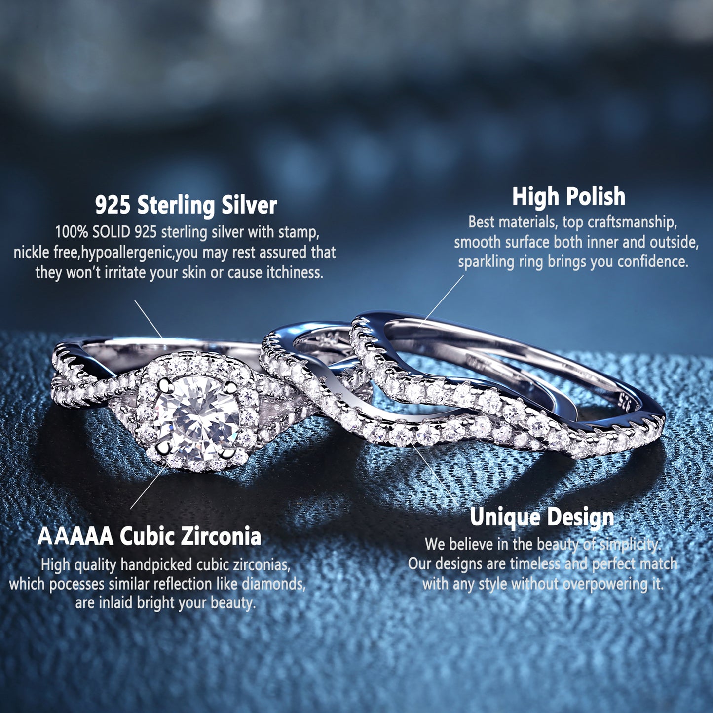 Newshe Engagement Wedding Ring Setss for Women 925 Sterling Silver 3pcs Round White AAAAA Cz Size 5-10