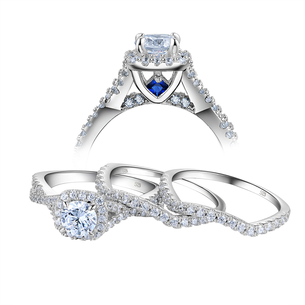 Newshe Engagement Wedding Ring Setss for Women 925 Sterling Silver 3pcs Round White AAAAA Cz Size 5-10