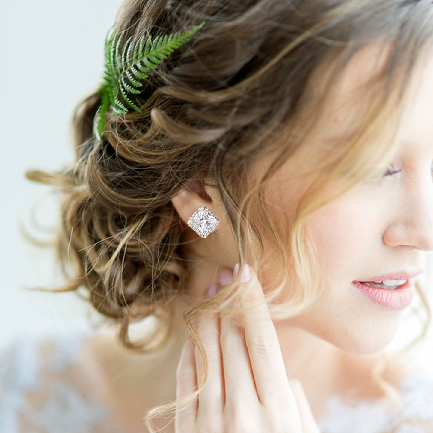 Newshe Jewellery 8mm Princess AAAAA CZ Stud Earrings for Women Rhodium Halo Jewelry Set Simulated Diamond