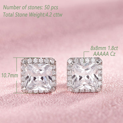 Newshe Jewellery 8mm Princess AAAAA CZ Stud Earrings for Women Rhodium Halo Jewelry Set Simulated Diamond