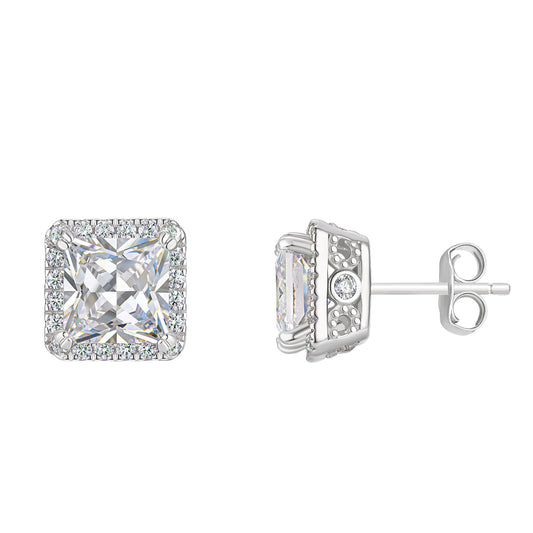 Newshe Jewellery 8mm Princess AAAAA CZ Stud Earrings for Women Rhodium Halo Jewelry Set Simulated Diamond