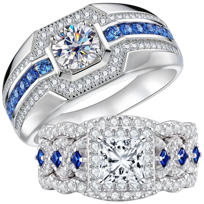 Newshe Moissanite Wedding Rings Set for His and Hers Blue Couple Rings 18K White Gold Plated for Women and Mens Size 7&9