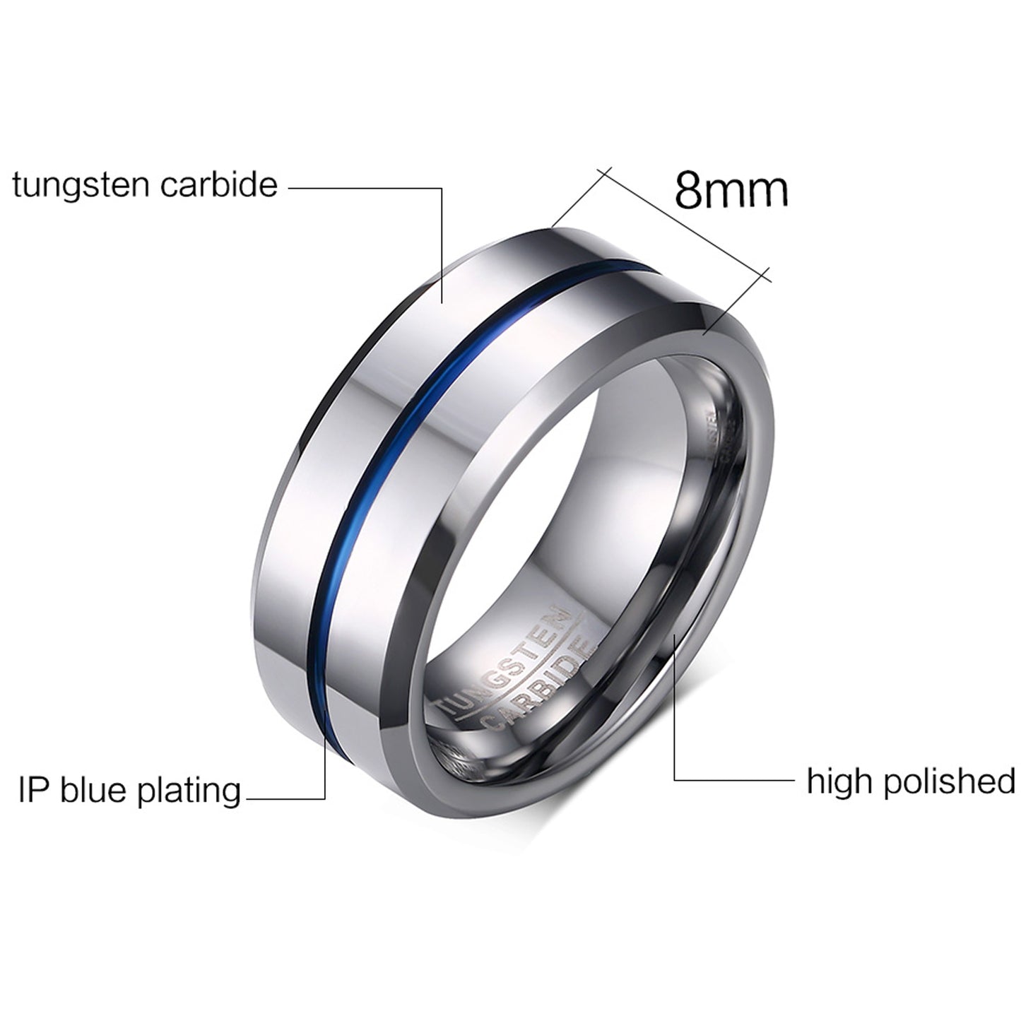 Newshe Jewellery Tungsten Rings for Men Mens Wedding Bands for Him Groove Ring Carbide Blue Line 8mm Engagement Promise