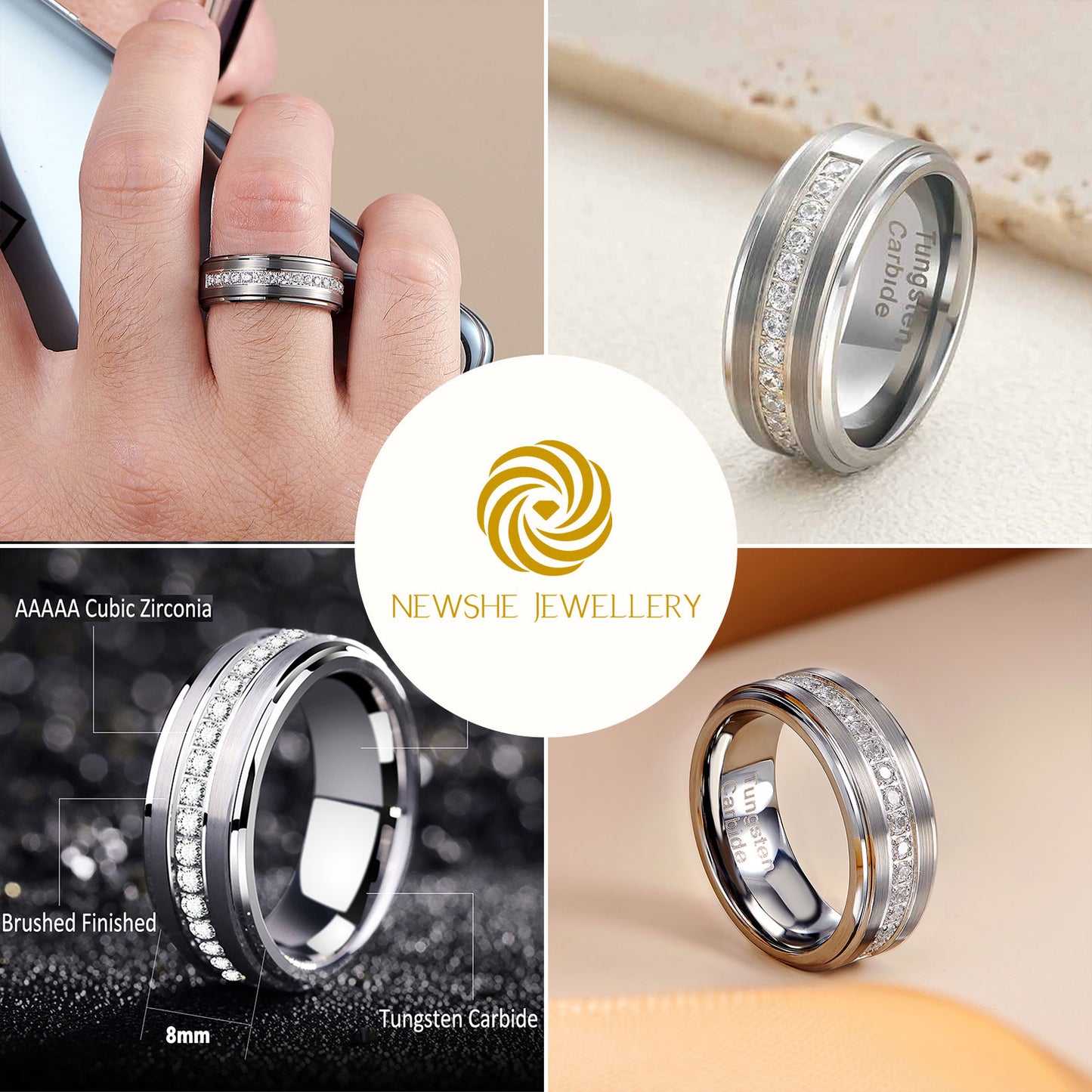 Newshe Jewellery Tungsten Wedding Bands for Him Rings for Men Men Rings Cubic Zirconia 8mm Matte Brushed Size 7-13