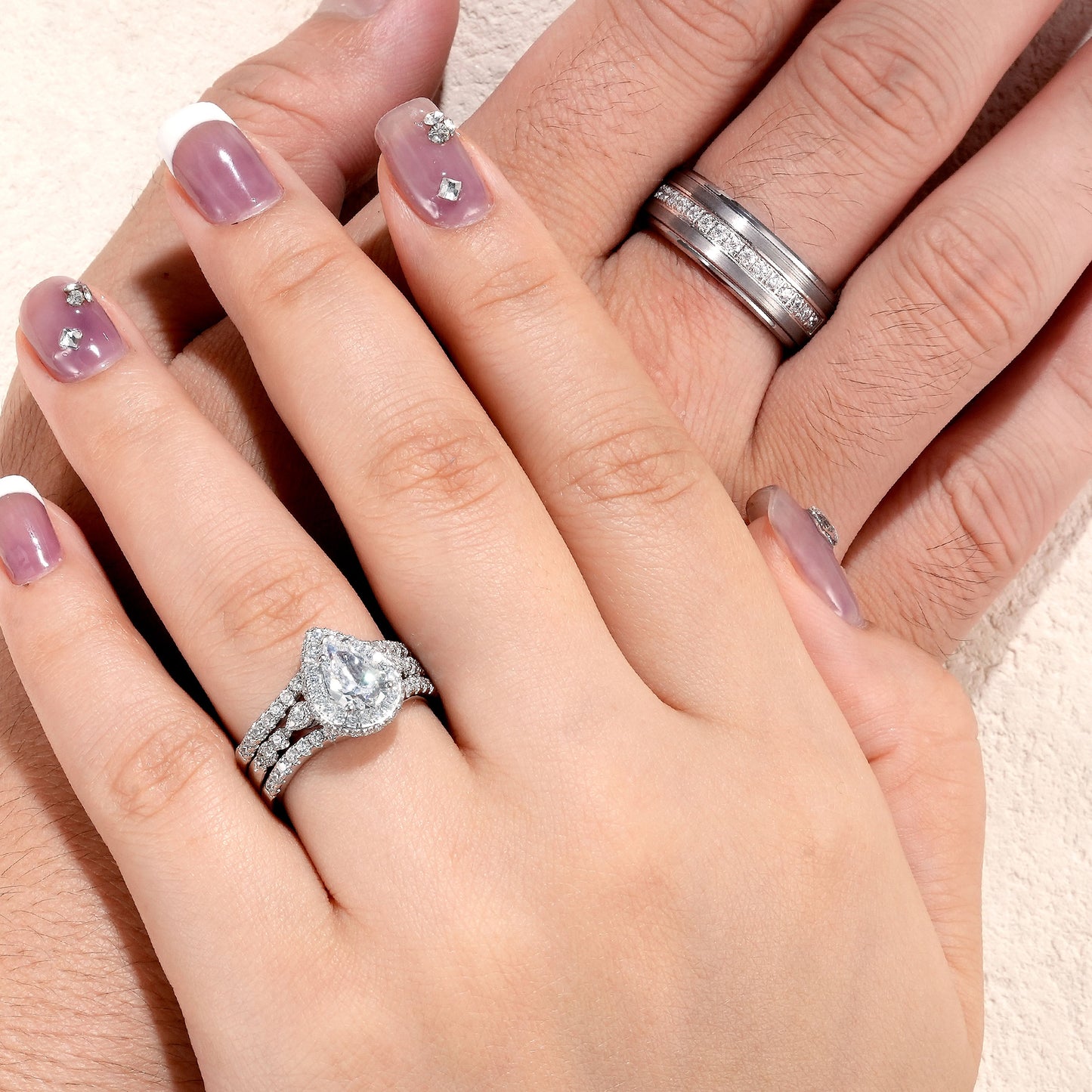 Newshe Jewellery Wedding Ring Sets for Him and Her AAAAA Cz Promise Rings for Couples Women Mens Band Pear Shape Size 7-13