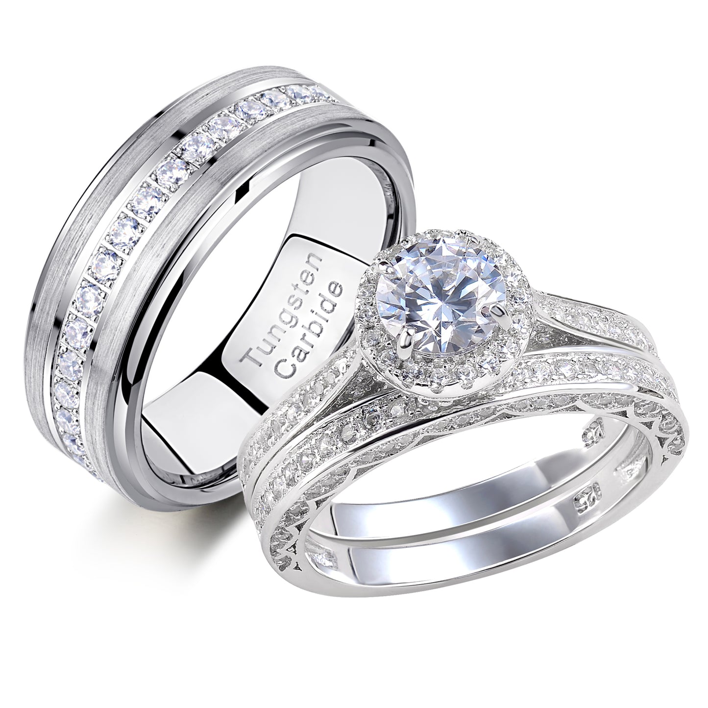 Newshe Wedding Rings Set for His and Hers Women Mens Tungsten Wedding Bands Round Cz 3Ct Sterling Silver