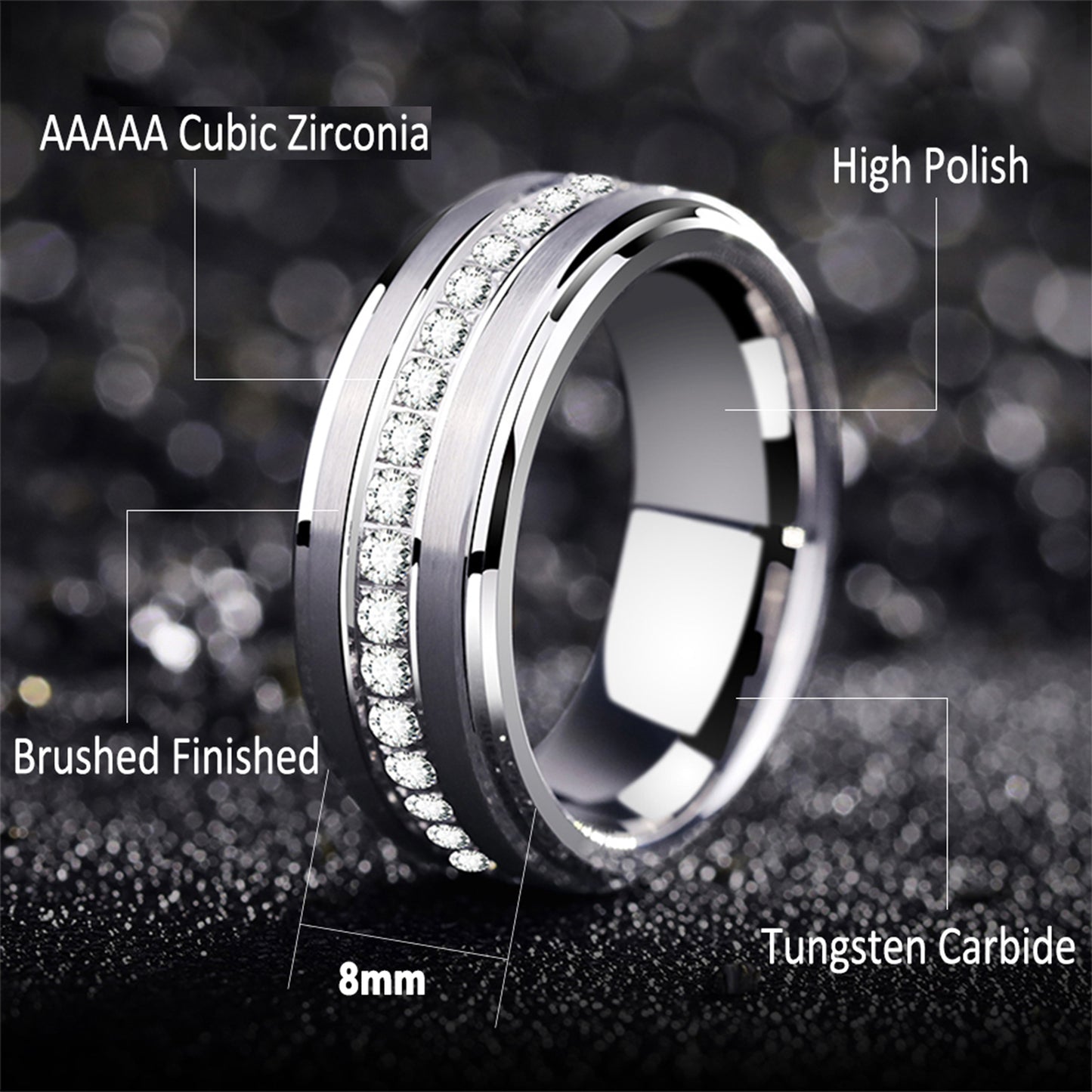 Newshe Jewellery Tungsten Wedding Bands for Him Rings for Men Men Rings Cubic Zirconia 8mm Matte Brushed Size 7-13