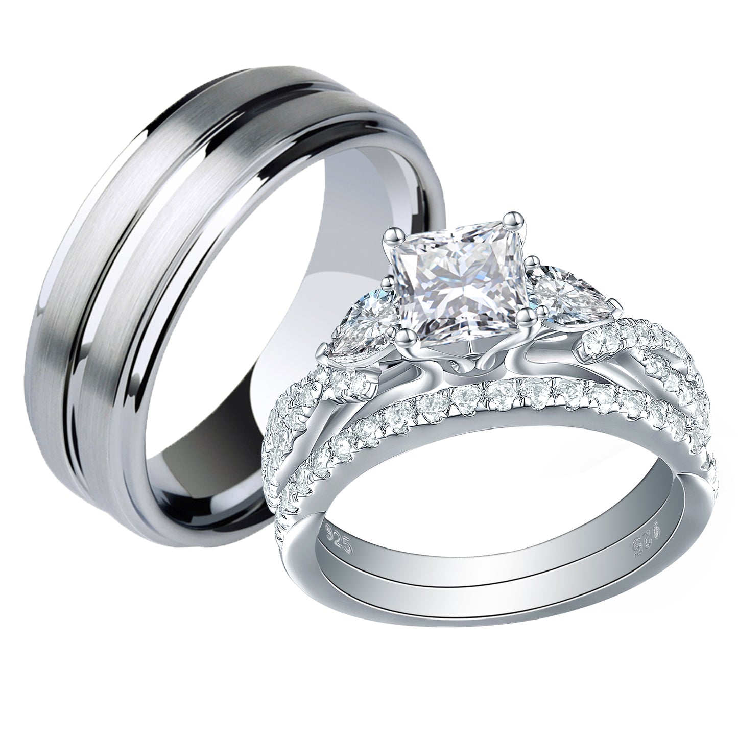 Newshe Jewellery Wedding Rings Set for Him and Her AAAAA Cz Women Mens Tungsten Bands 925 Sterling Silver Couples Size 9-13&5-10
