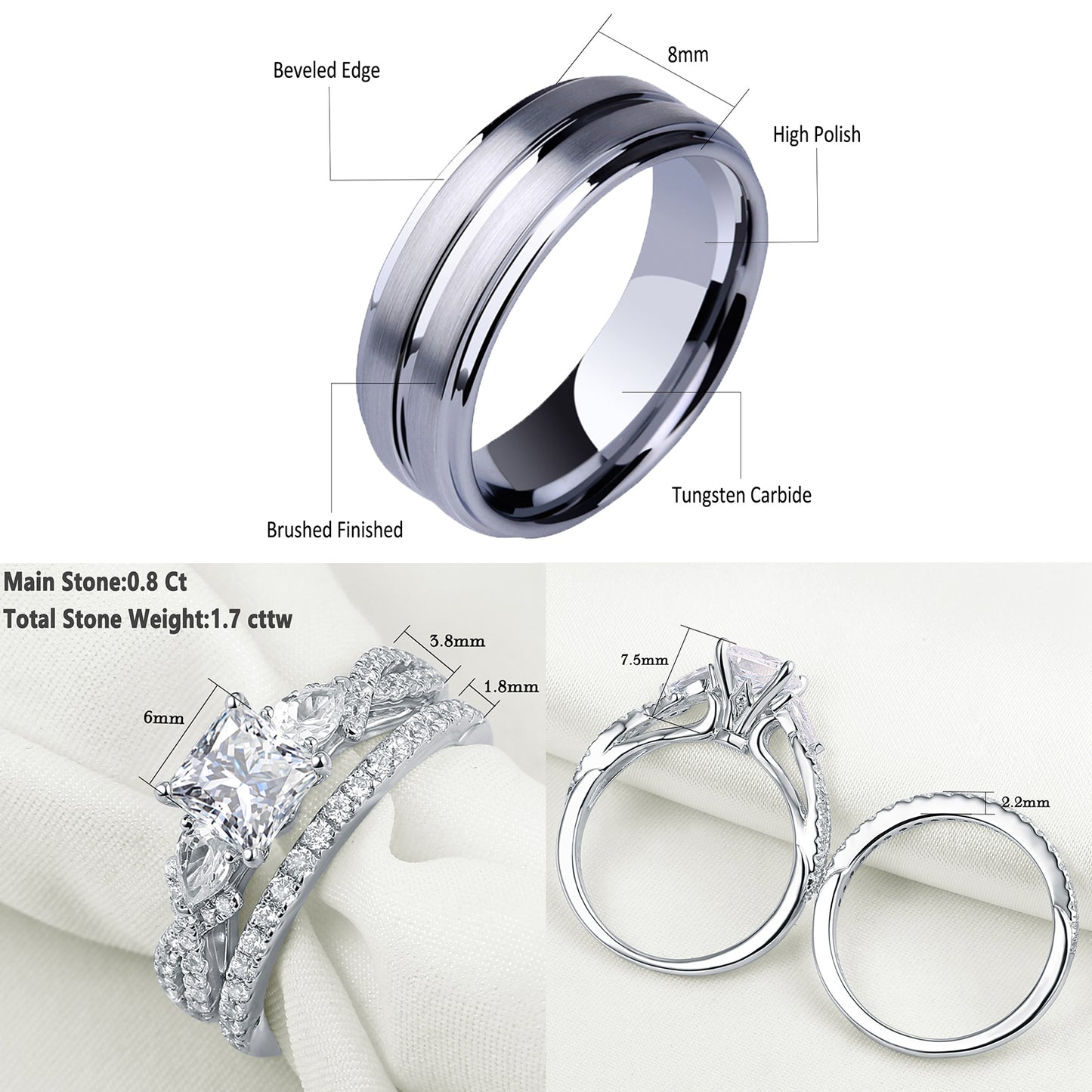 Newshe Jewellery Wedding Rings Set for Him and Her AAAAA Cz Women Mens Tungsten Bands 925 Sterling Silver Couples Size 9-13&5-10