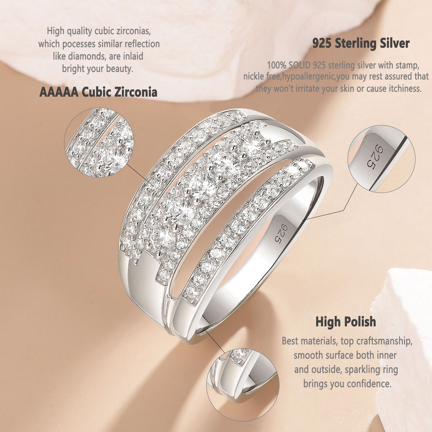 Newshe Jewellery 3-Row Wedding Bands for Women AAAAA Cz Wide Band Rings 925 Sterling Silver Eternity Statement Ring Size 5-10