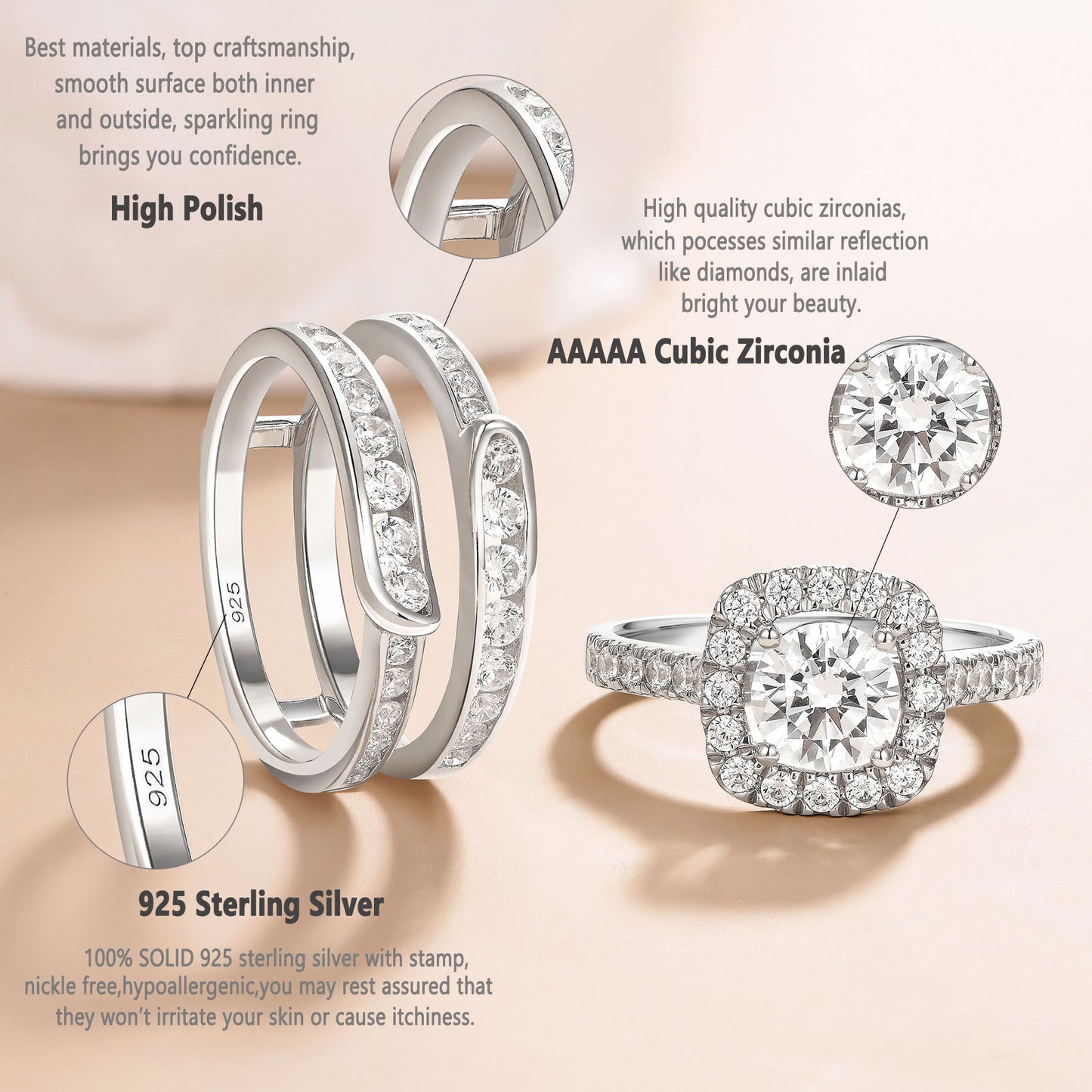 Newshe Jewellery Wedding Rings for Women AAAAA Cz 925 Sterling Silver Engagement Bridal Band Set Enhancers and Wraps Size 5-10