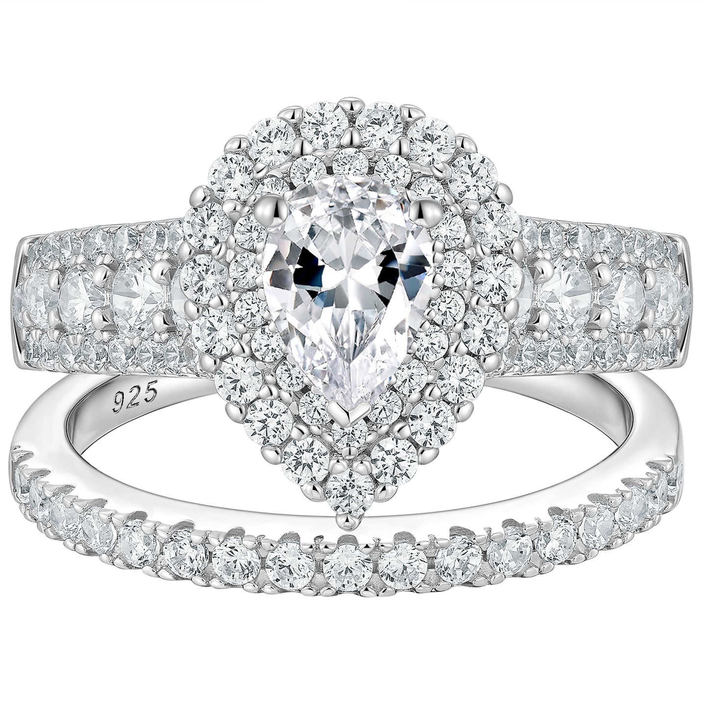 Newshe Jewellery 2 Ct Bridal Ring Sets Double Halo Pear Cut 925 Sterling Silver AAAAA CZ Promise Rings for Women Size 6-10
