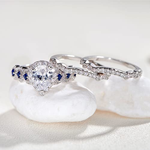 Newshe Engagement Wedding Ring Set 925 Sterling Silver 3pcs 2.5ct Oval Pear White Cz Blue Size 5-10