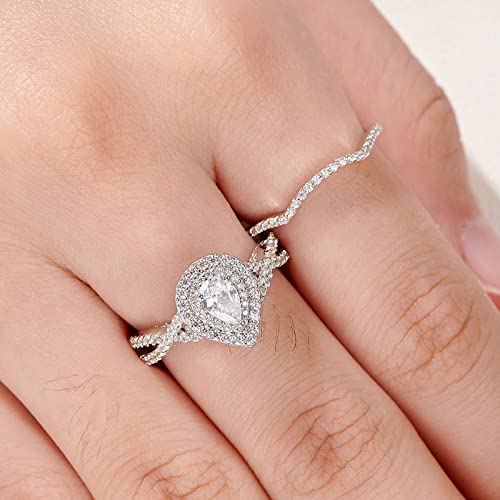 Newshe Wedding Rings for Women Engagement Ring Sets Sterling Silver Cz 1.7Ct Pear Size 4-13