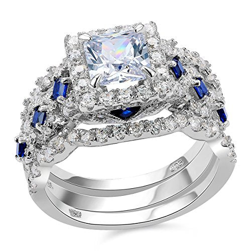 Newshe Engagement Wedding Ring Set 925 Sterling Silver 3pcs 2.5ct Princess White Cz Blue Size 4-13