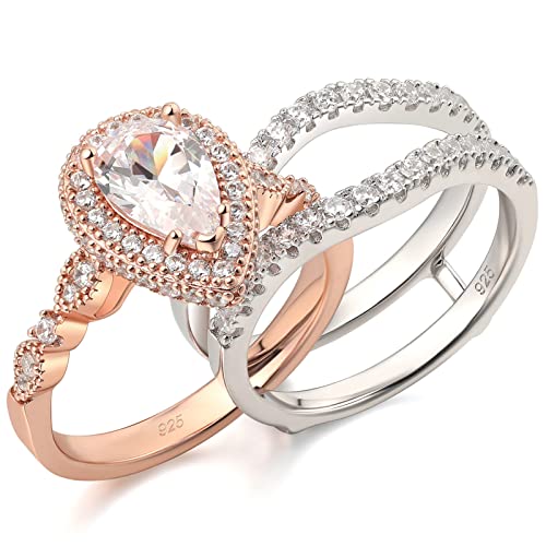 Newshe Wedding Bridal Band Ring Enhancer Engagement Ring Set for Women 925 Sterling Silver 3Ct Pear White Rose Gold 5A Cz Size 4-13